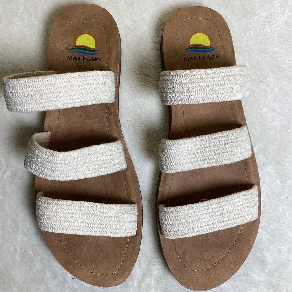 Maui‎ Island Womens Triple Strap Woven Slide Sandals Cream Brown Size 9M